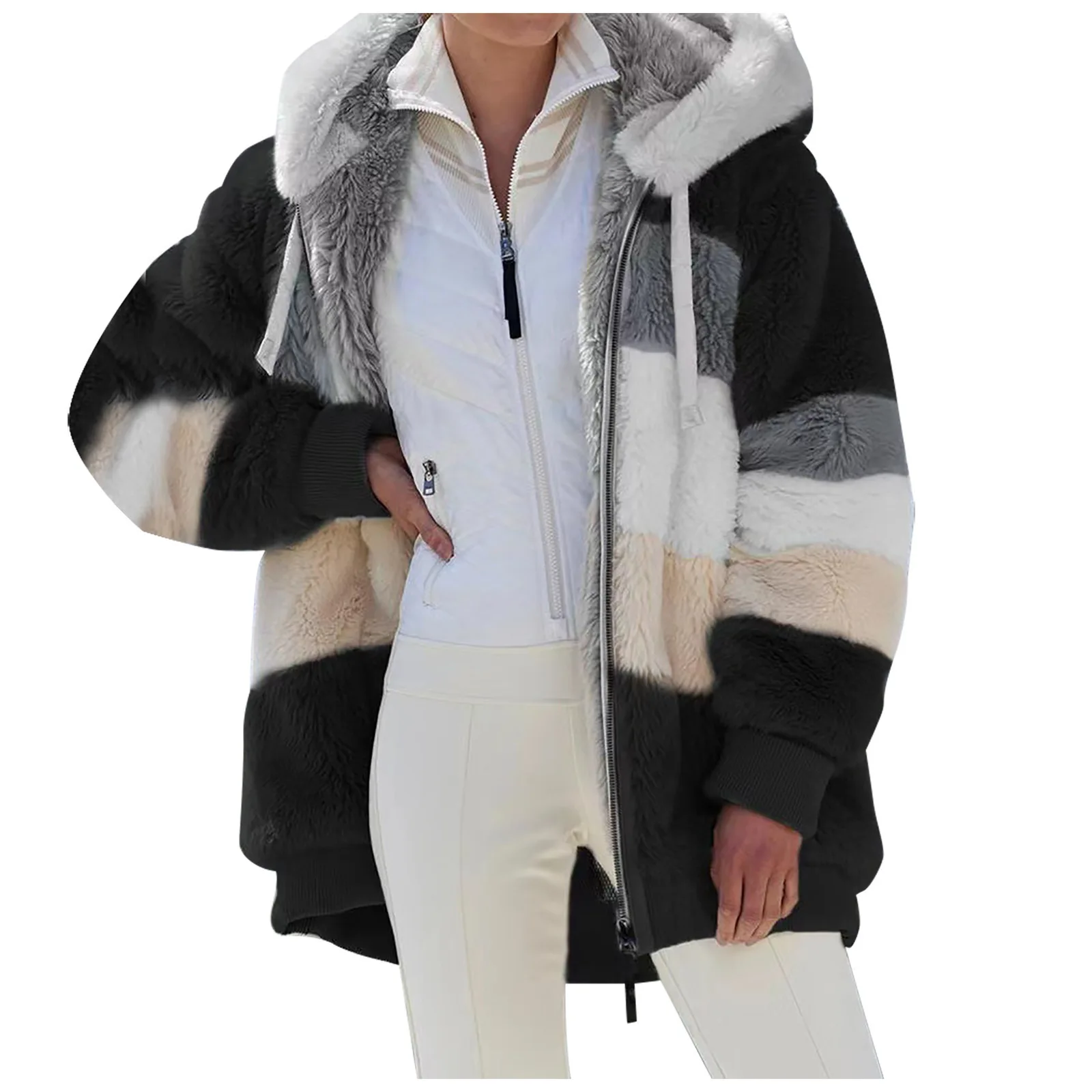 2022 New Ladies Warm Autumn Winter Loose Plush Multicolor Colorblock Hooded Pocket Jacket