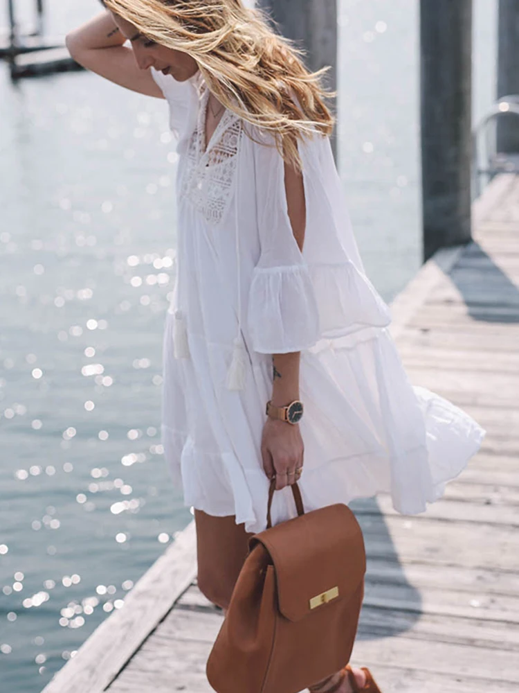 

New White Cotton Beach Tunic Loose Lace Beach Dress Sarong Crochet Sarong Pareos Beach Cover Up Shirt Dress Women Swimwear
