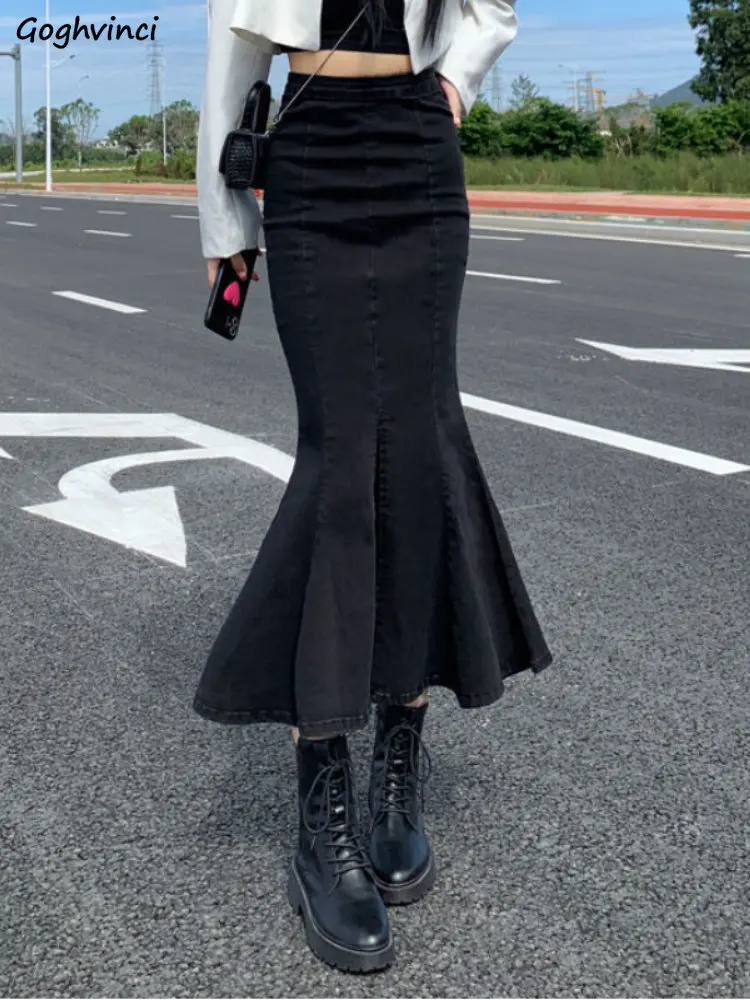 

Юбка-годе женская джинсовая универсальная, элегантная уличная одежда из денима в Корейском стиле, с разрезом, однотонная облегающая в стиле ампир, Лидер продаж