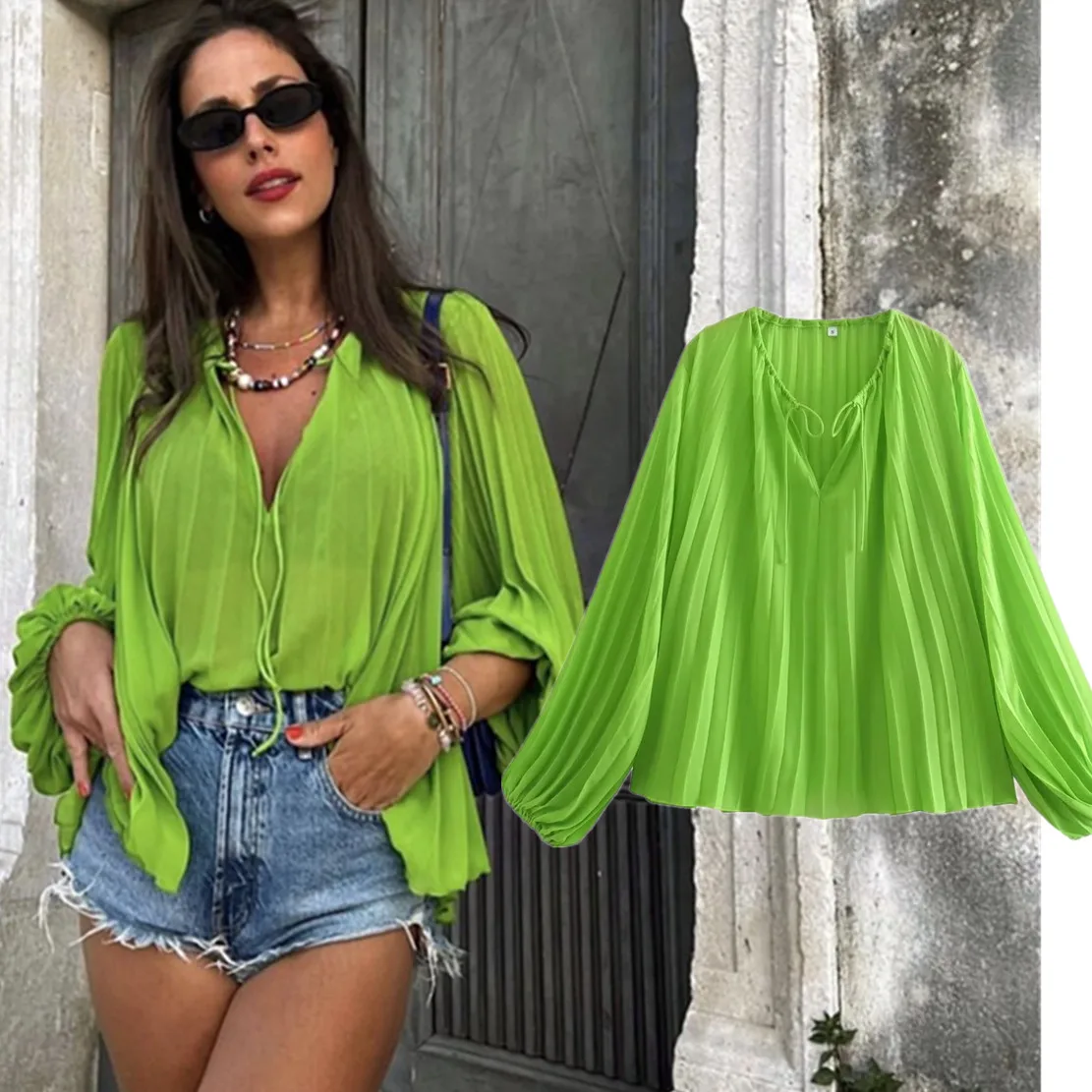 

Jenny&Dave French Style Pleated Elegant Blouse Women Tops Fashion Grass Green Color Chiffon Casual Shirt