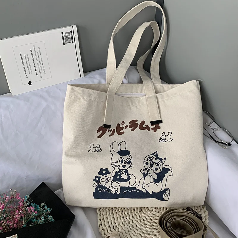 

Large Capacity Cartoon Print Ladies Canvas Shoulder Bag Eco Reusable Women Shopping Bag Vintage Beach Handbags Bolsas De Tela