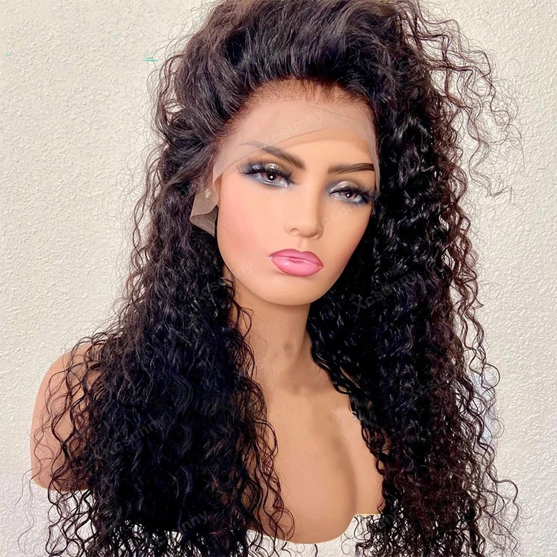 

180%Density 26Inch Natural Black Long Kinky Curly Middle Part Remy Lace Front Wig For Women With Baby Hair Natural Hairline