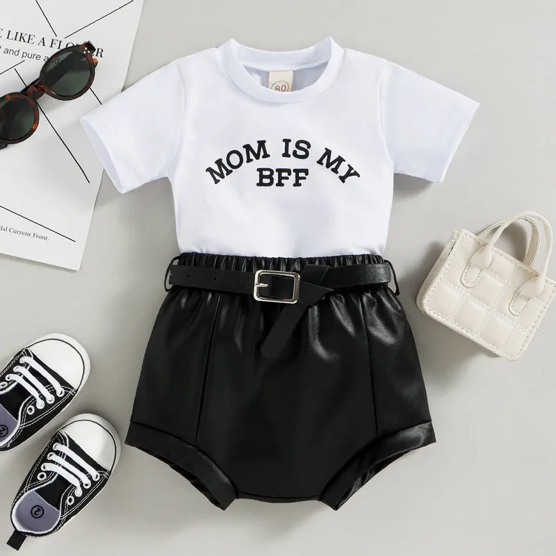 

Костюм для новорожденных, белая футболка с коротким рукавом и буквенным принтом + черные брюки с поясом на резинке