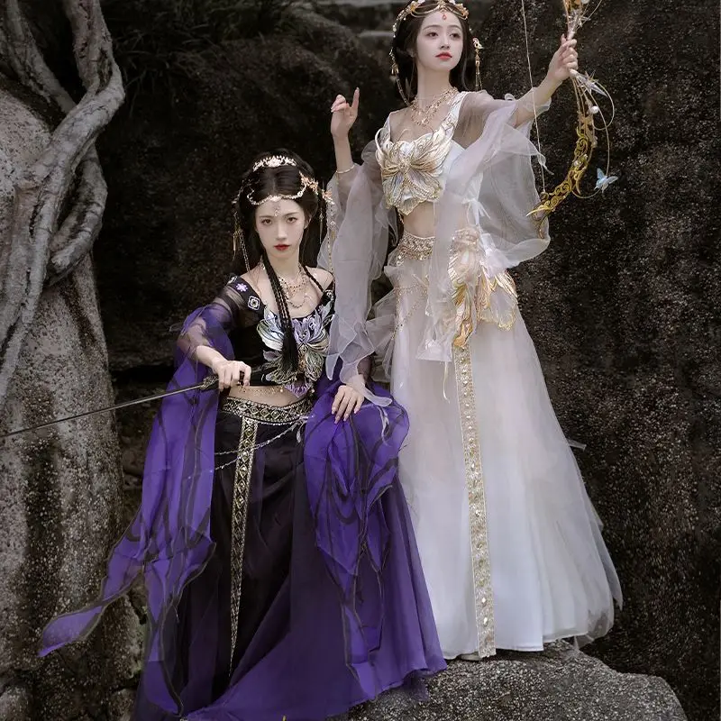 Фото Женское традиционное платье Hanfu с вышивкой, карнавальный костюм Hanfu для Хэллоуина, фиолетовый и бежевый костюм Hanfu №3