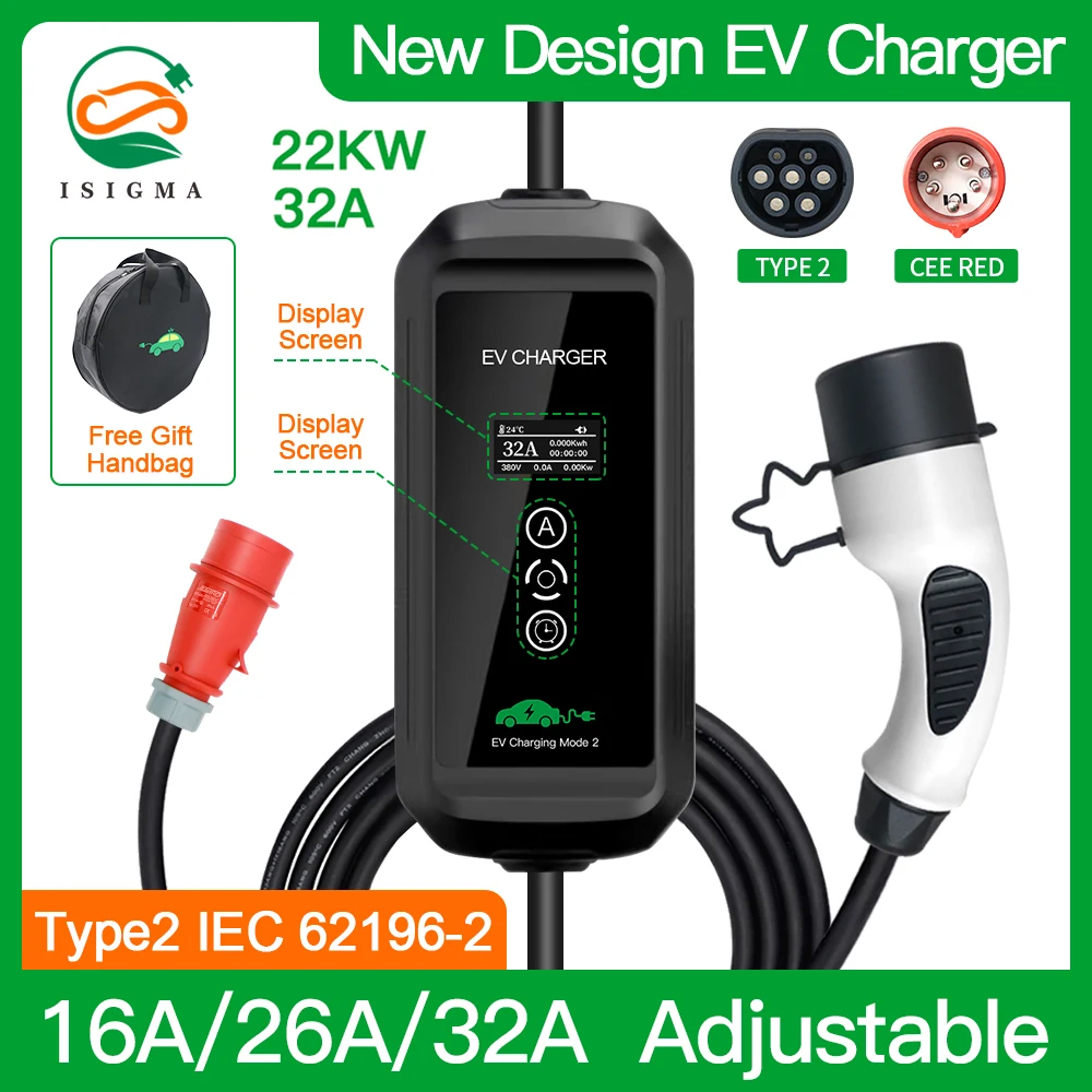 

Isigma 10m Long 32A 3P 22kw Type 2 EV Charger IEC 62196-2 EVSE Input 380V-450V Home Charging With EU CEE Red Plug 16A 26A 32A