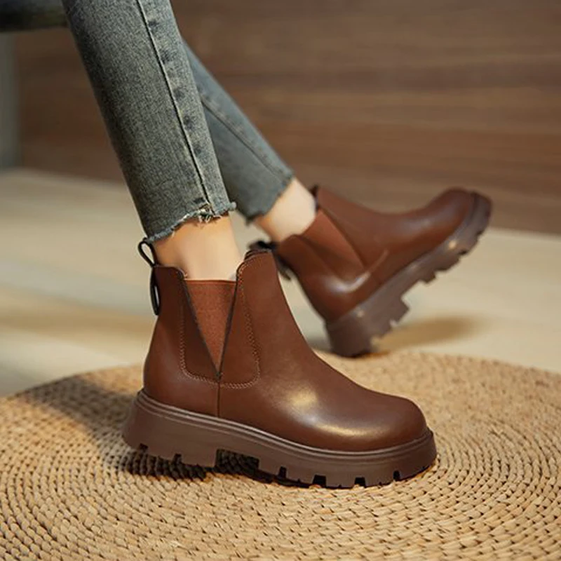 

New Autumn Fashion Women's Boots PU Leather Slip-on Women Shoes Thick Bottom Retro Rome Casual Chelsea Ladies Booties 2022
