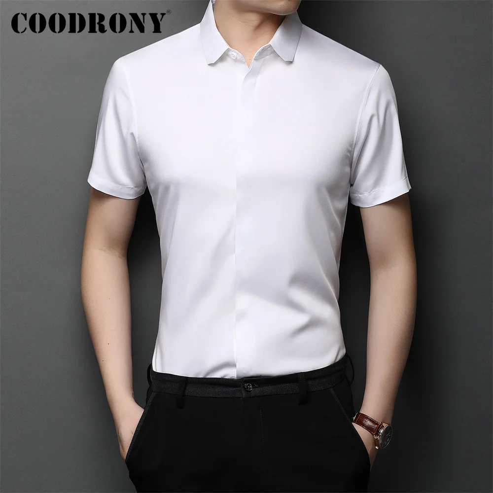 

COODRONY/Брендовые повседневные мужские рубашки с коротким рукавом, Новое поступление, летняя Мужская винтажная одежда с отложным воротником, ...
