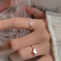 silver color metal adjustable opening rings set for women creative love heart finger ring trendy party jewelry couple rings