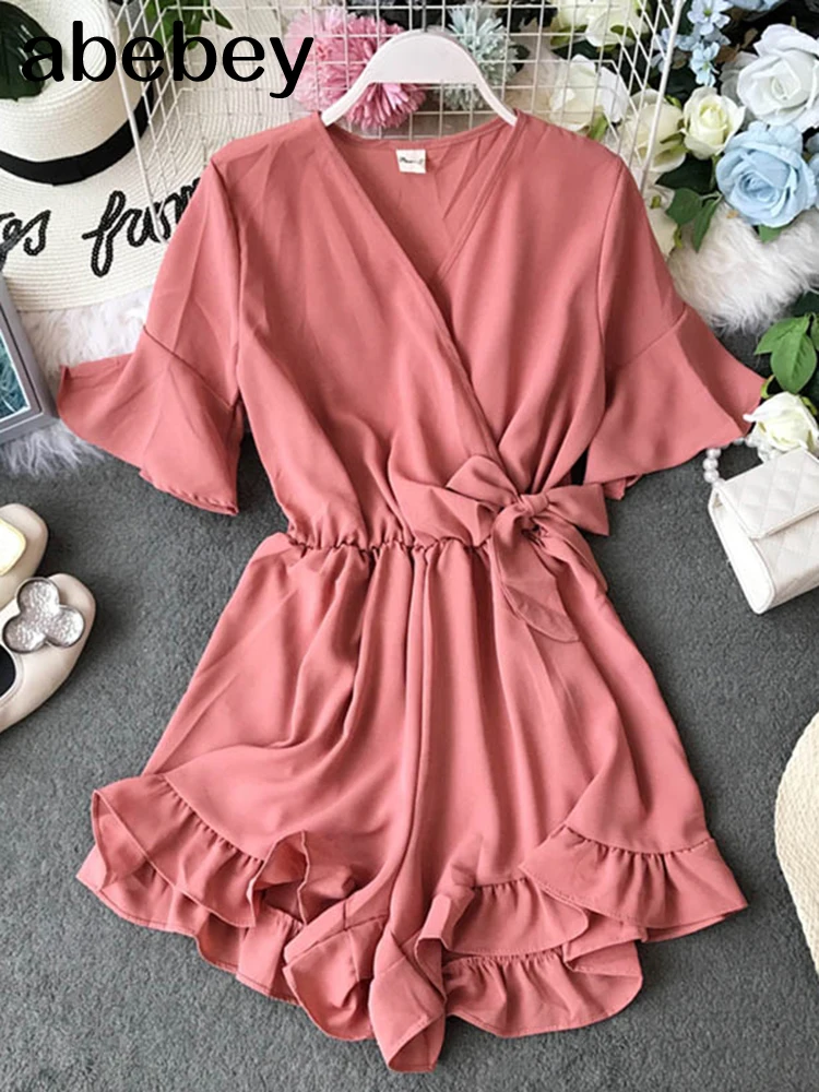 Милые гофрированные женские комбинезоны эластичные с высокой талией и бантом |