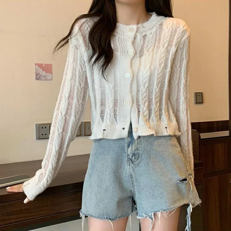 

New Style Ripped Twist Knitted Cardigan Women Thin Loose Button Sweater Jacket High Waist Long Sleeve Crop Tops Woman