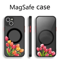 tulip flower phone case transparent magsafe magnetic magnet for iphone 13 12 11 pro max mini wireless charging cover