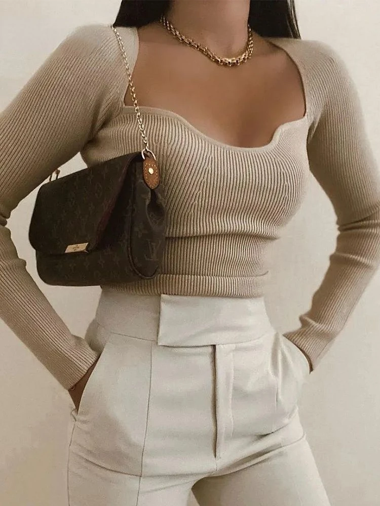 

Beige Color Fashion Women Knit Sweater Top Long sleeve Casual Sheath Screw Thread Tight Knitted Pullover Tees
