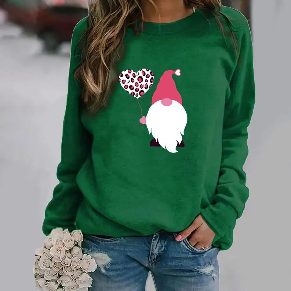 

O-Neck Long Sleeve Lady Sweatshirt Cute Gnome Graphic Pullover Top Valentine Day Casual Top Stretchy Tunic Sweatshirt For Daily