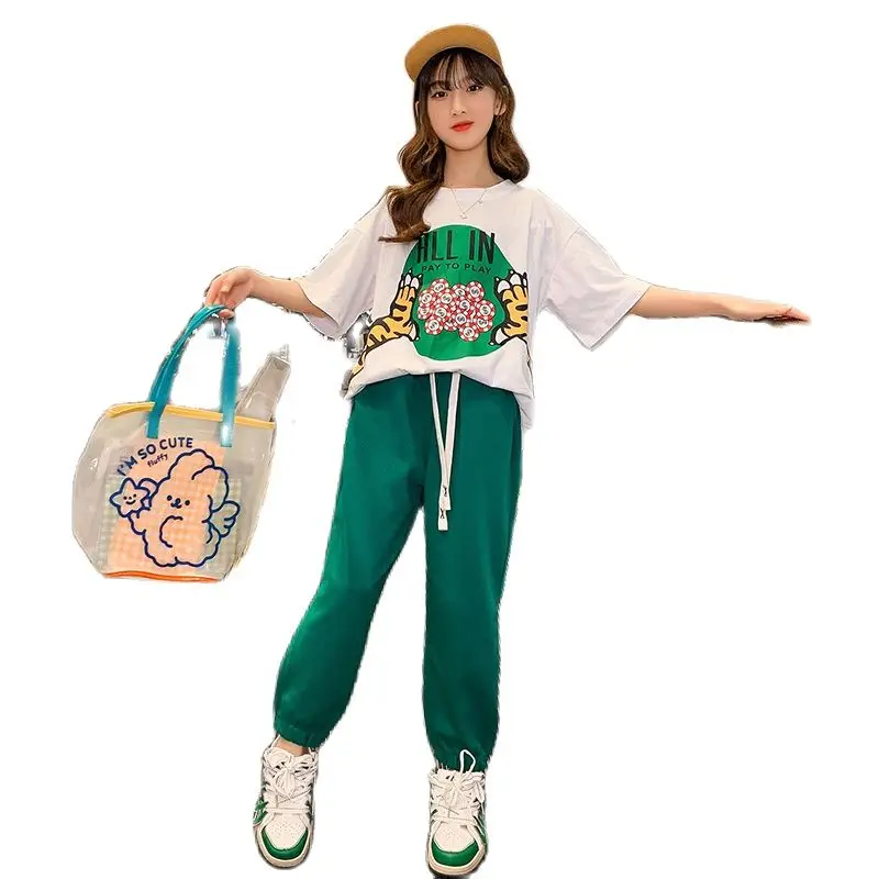 

2022 New Fashion Girls Cartoon Print Tracksuit Children Teenage Short Sleeve Pullover Tops + Solid Color Casual Sport Pants Sets
