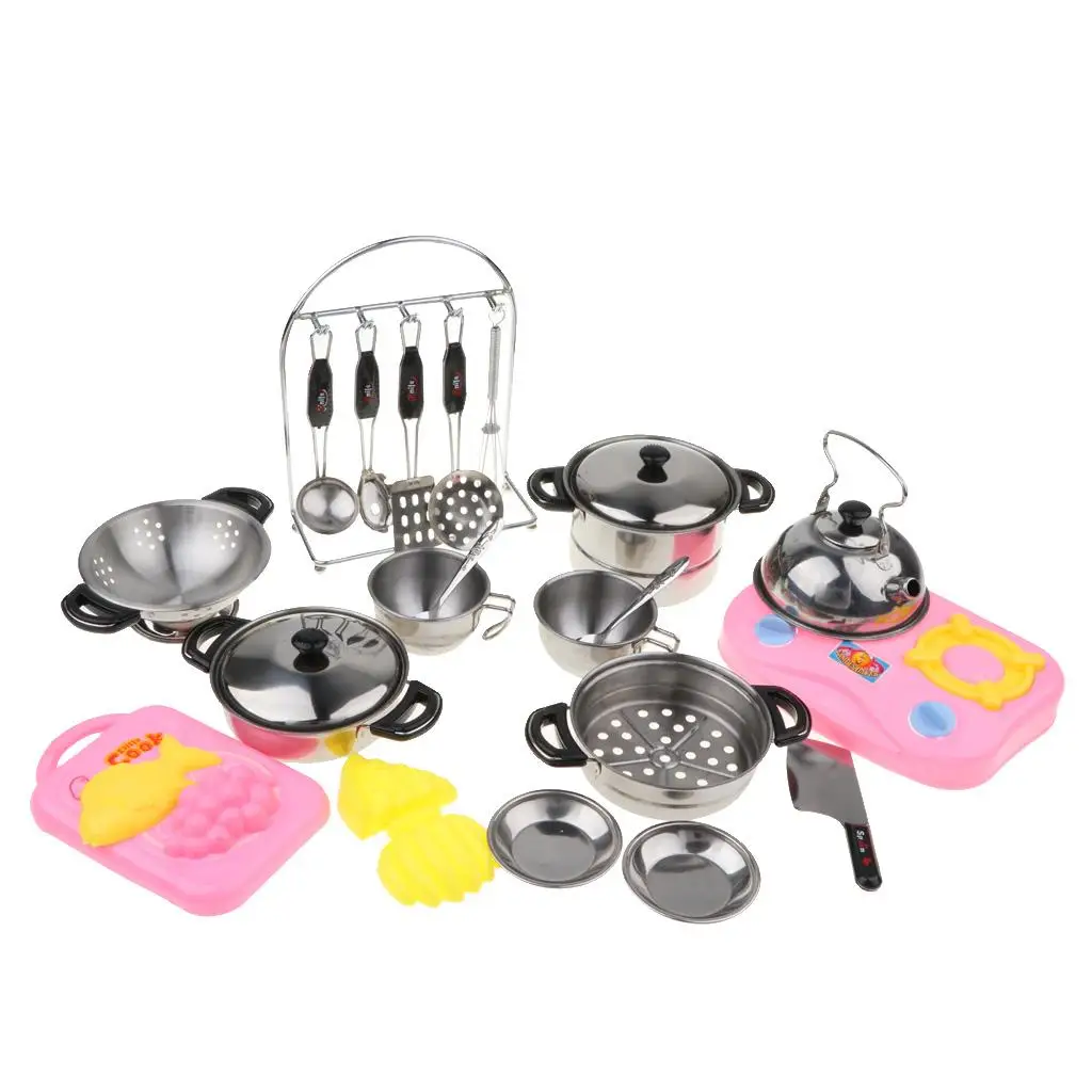 

27 Pcs Pretend Play Kitchen Cookware Set Stainless Steel and Utensils, Play Cooking Toy for Kids Basic Life Skills Developent