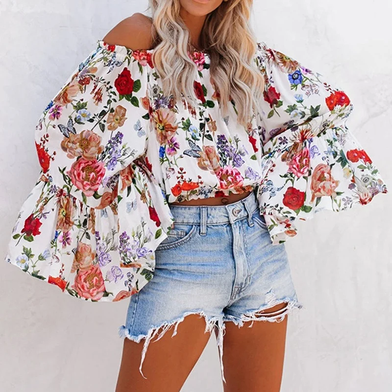 

Women Cottagecore Top Hedging Sexy Loose Strapless Long Flare Sleeves Floral Loose Top 2022 Elegant Women Fashion Clothing