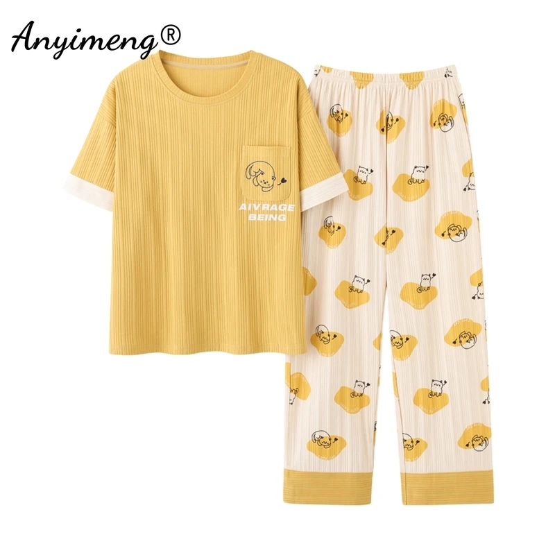 

Cute Cats Yellow Pajamas Set for Women Summer Cotton Sleepwear for Lady Dropshipping Plus Size Short Sleeve Long Pants Girls Pjs