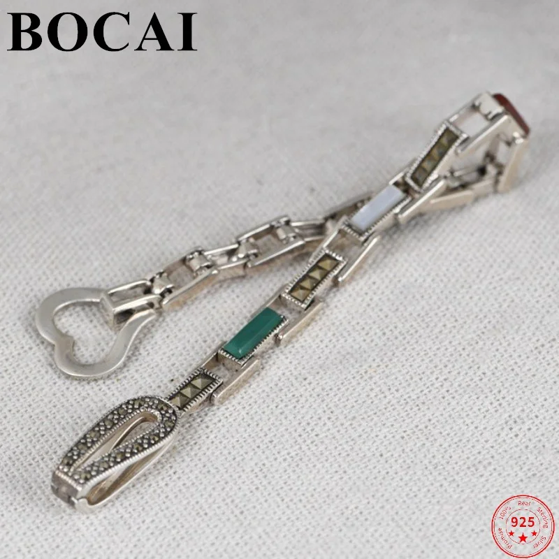 

BOCAI 100% S925 Sterling Silver Bracelet Agate Marcasite Thai Silver Hand Chain Fashion Pure Argentum Gemstone Women's Bangle