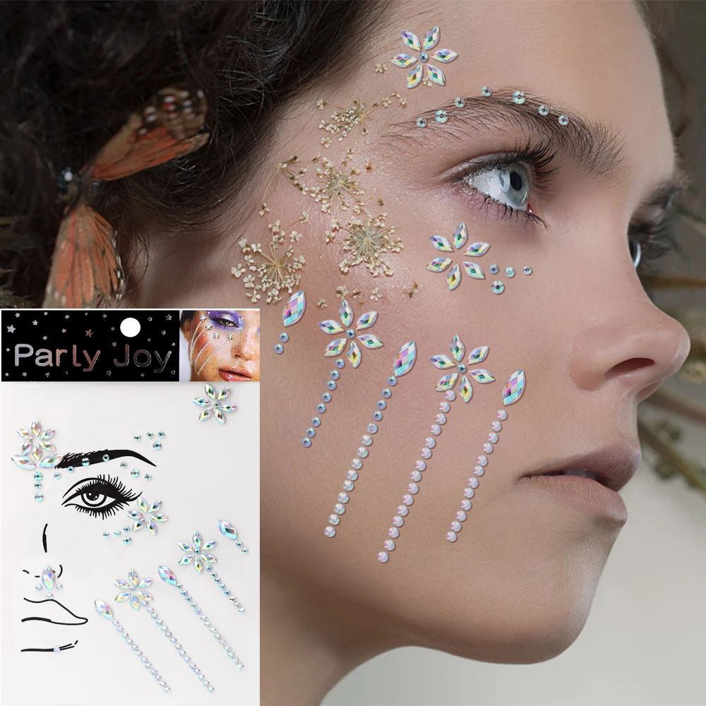 

Eyes Face Makeup Temporary Tattoo Self Adhesive Sticker White Black Rhinestones Flat Back Crystal Party Body Jewelry Decorations