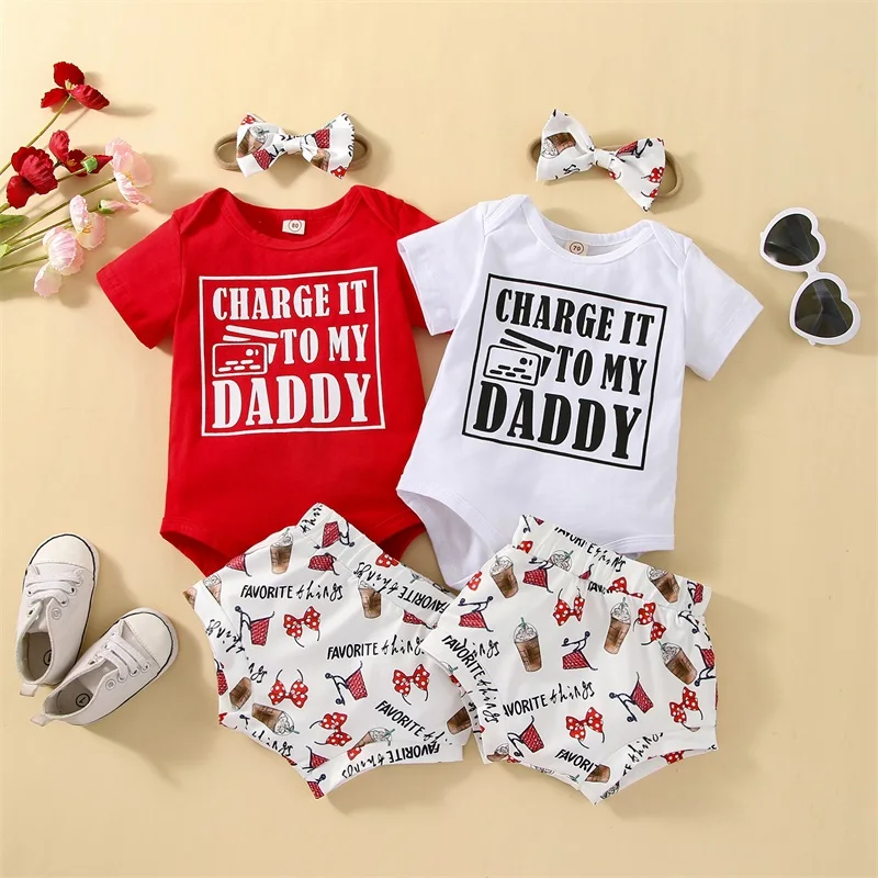 

Baby Romper Suit Letter Short Sleeve Round Neck Jumpsuit + Milk Tea Cup Hairband Printed Triangle Shorts + Hairband