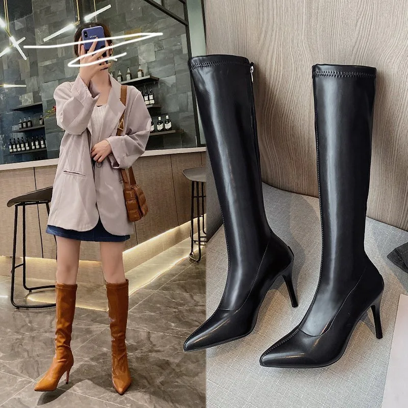 Brand Women Boots Fashion High Heels Knee High Boots Faux Leather Pointed Toe Thin Heel Boots Winter Warm Female Boots Designer