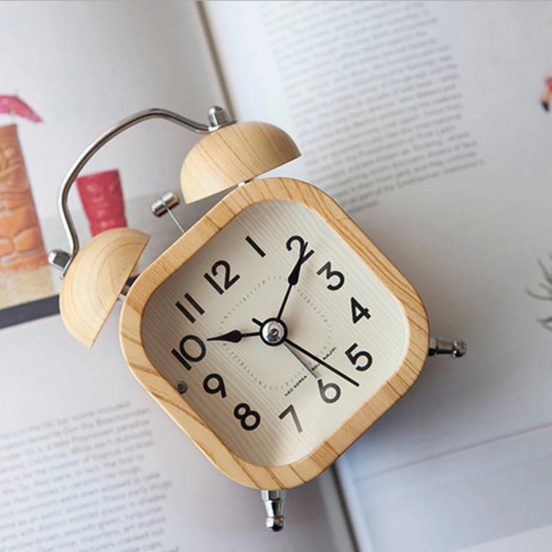 Alarm clock mute bedside bedroom modern minimalist luminous wood grain bell alarm student |