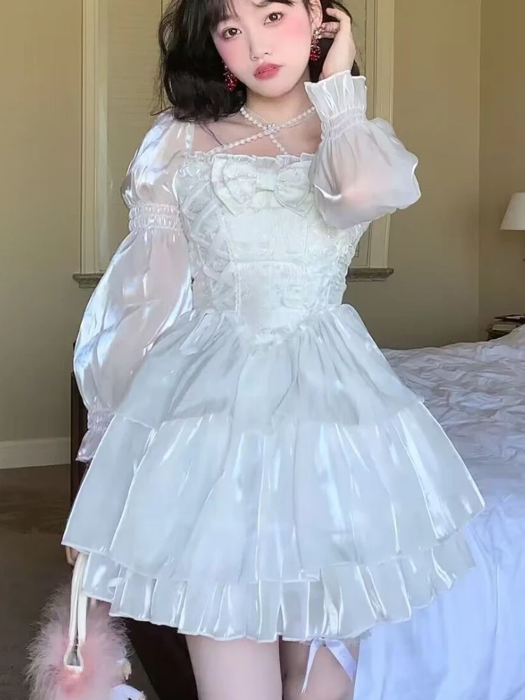 Японское белое милое сказочное платье в стиле &quotЛолита&quot женское мини-платье с