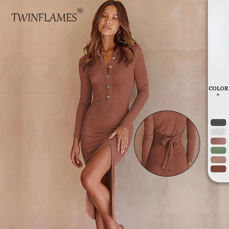

TWINFLAMES Autumn Long Sleeve Button Ribbed Dress Women Sexy Package Hip Skirt Lapel Cardigan Dress Strappy Belt Slit Dress