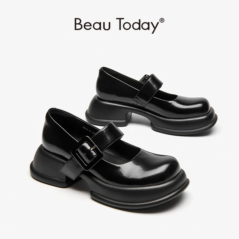 

BeauToday Platform Mary Janes Women Cow Leather Round Toe Metal Buckle Strap Chunky Sole Female Lolita Shoes Handmade 28446