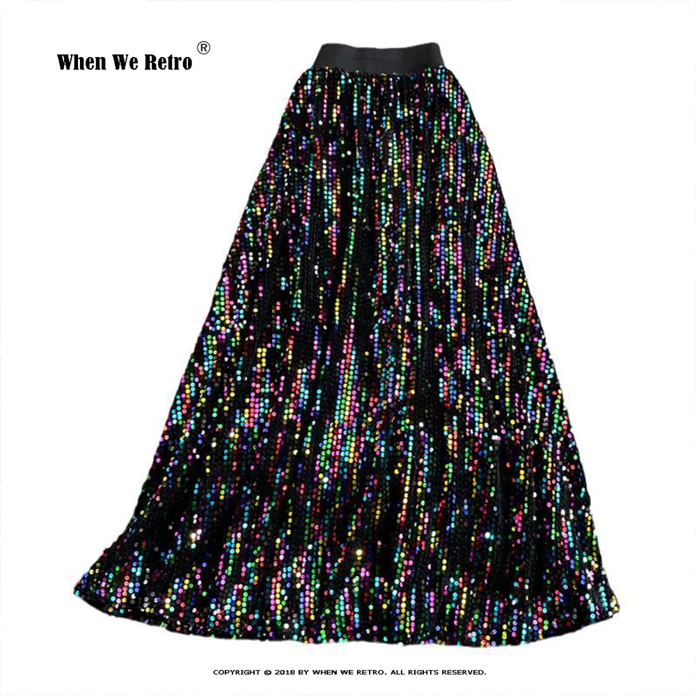 

Sexy Shiny Sequin Long Skirt Vintage High Waist Stretchy Korean Slim Large Hem Skirts Chic Bling Glitter Female Jupe Femme RS024
