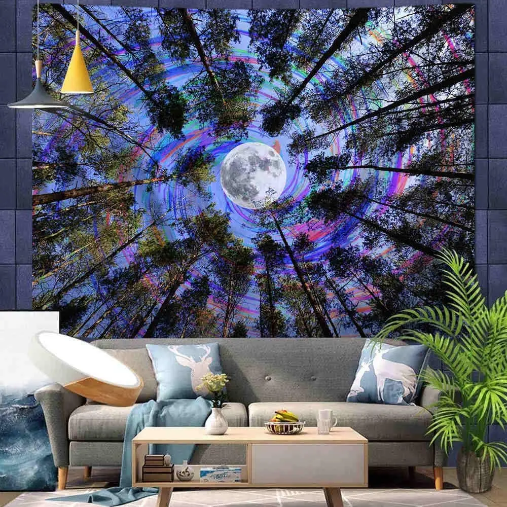 

2022 Psychedelic Sky Moon Tapestry Psychedelic Forest Home Decoration Beautiful Bedroom Living Room Background Decoration