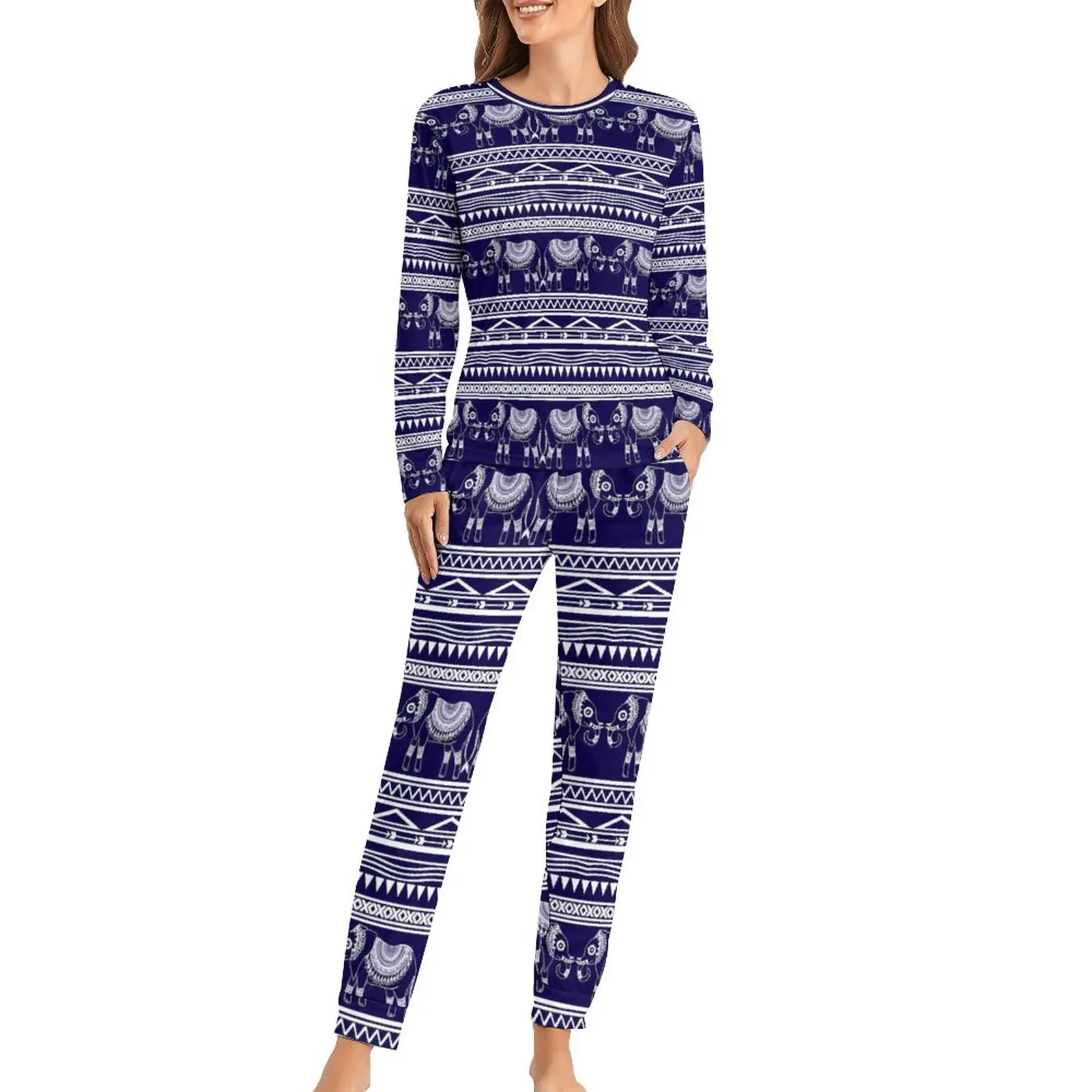 

Elephant Tribal Pajamas White and Blue 2 Piece Casual Pajama Set Female Long Sleeves Cute Oversize Nightwear
