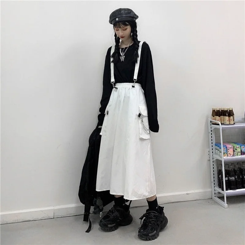 Женская длинная юбка с цепочкой белая/черная в японском стиле весна-осень 2021 -