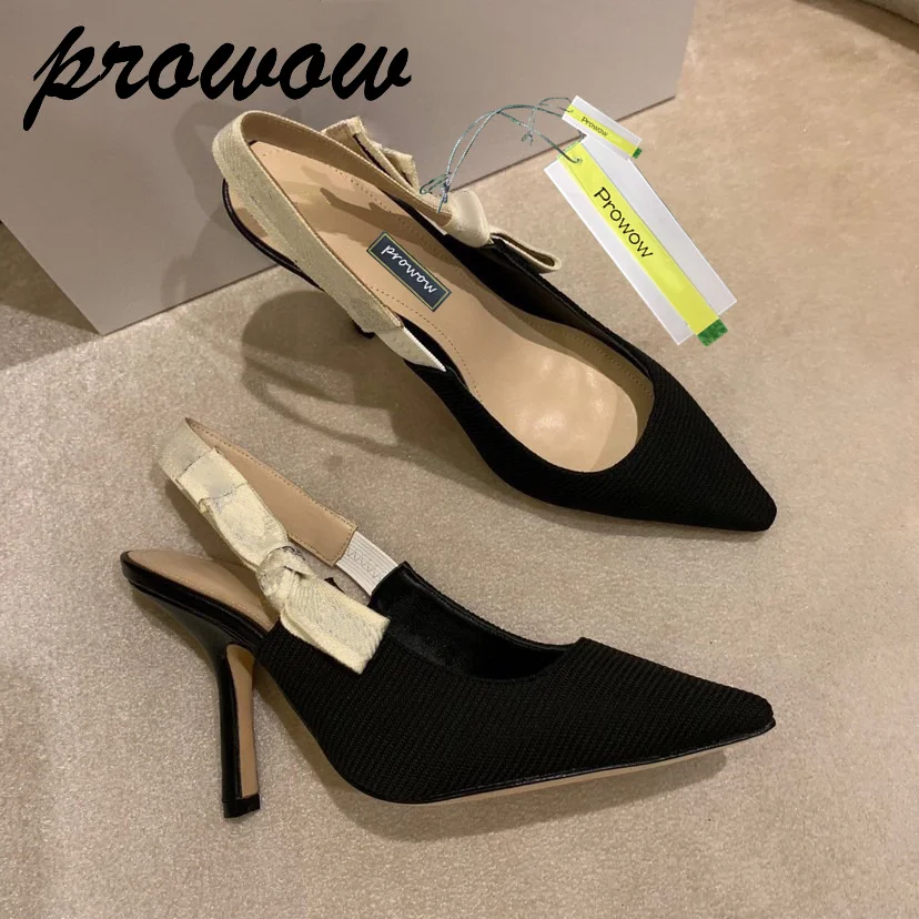 

Prowow New Bowtie Sling Back Pumps Sexy Pointed Toe Thin High Heels Wedding Shoes Women