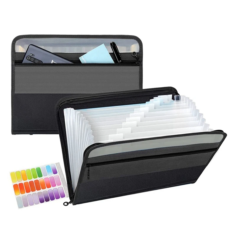 

2X 13 Pockets Expanding File Folder A4 Plastic Document Wallet Organizer For Personal Office Stationary Storage(Black)
