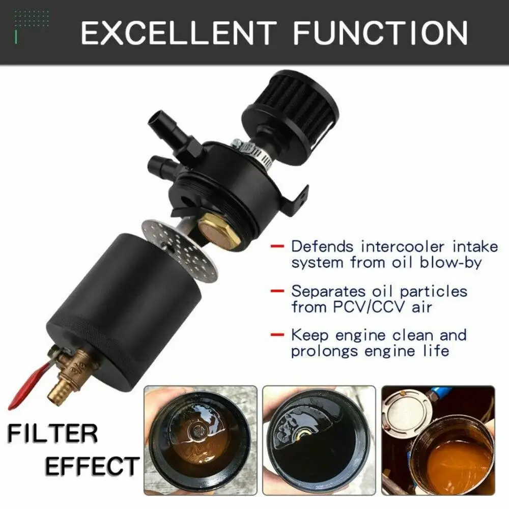 

Aluminum Reservoir Oil Catch Can Tank 2-Port Baffled Reservoir with Drain Valve Breather Cylinder Filter Kit