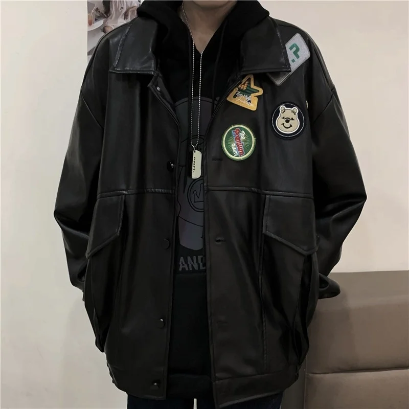 Leather Coat Women's Couple Jacket 2022 Autumn And Winter Ins Embroidered Logo New PU Lovers' Loose Long Sleeve Bomber Coat