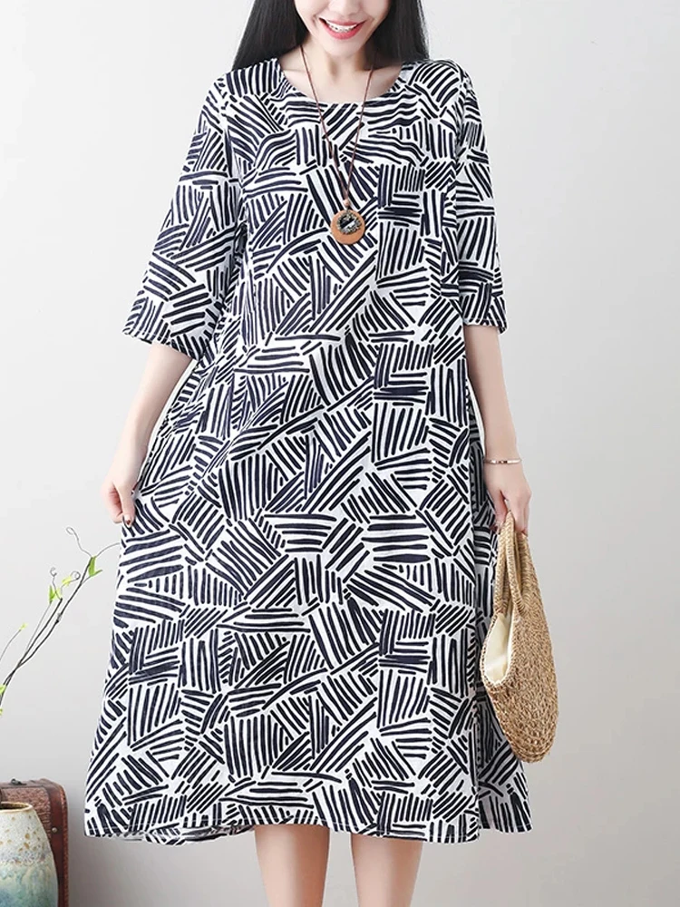 

2022 New Summer Cotton Linen Elegant Dress Short Sleeve O-Neck Graffiti A-Line Women Dress Vintage Casual Loose Party Dresses