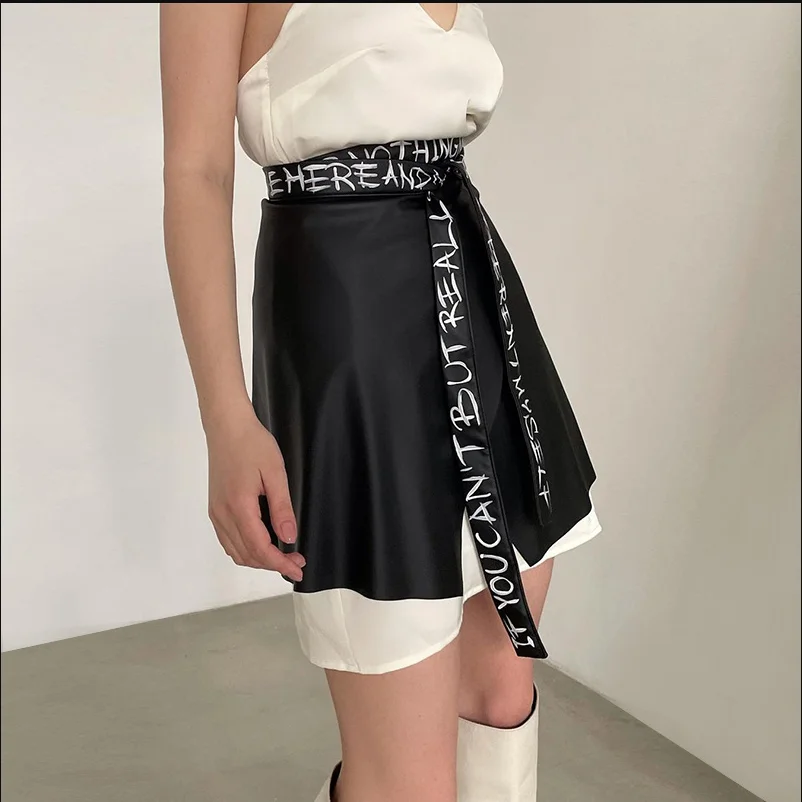 High Waist white skirt Bandage Women PU Leather A Line With Belt Letter Print Fashion Irregular   Mini Skirts