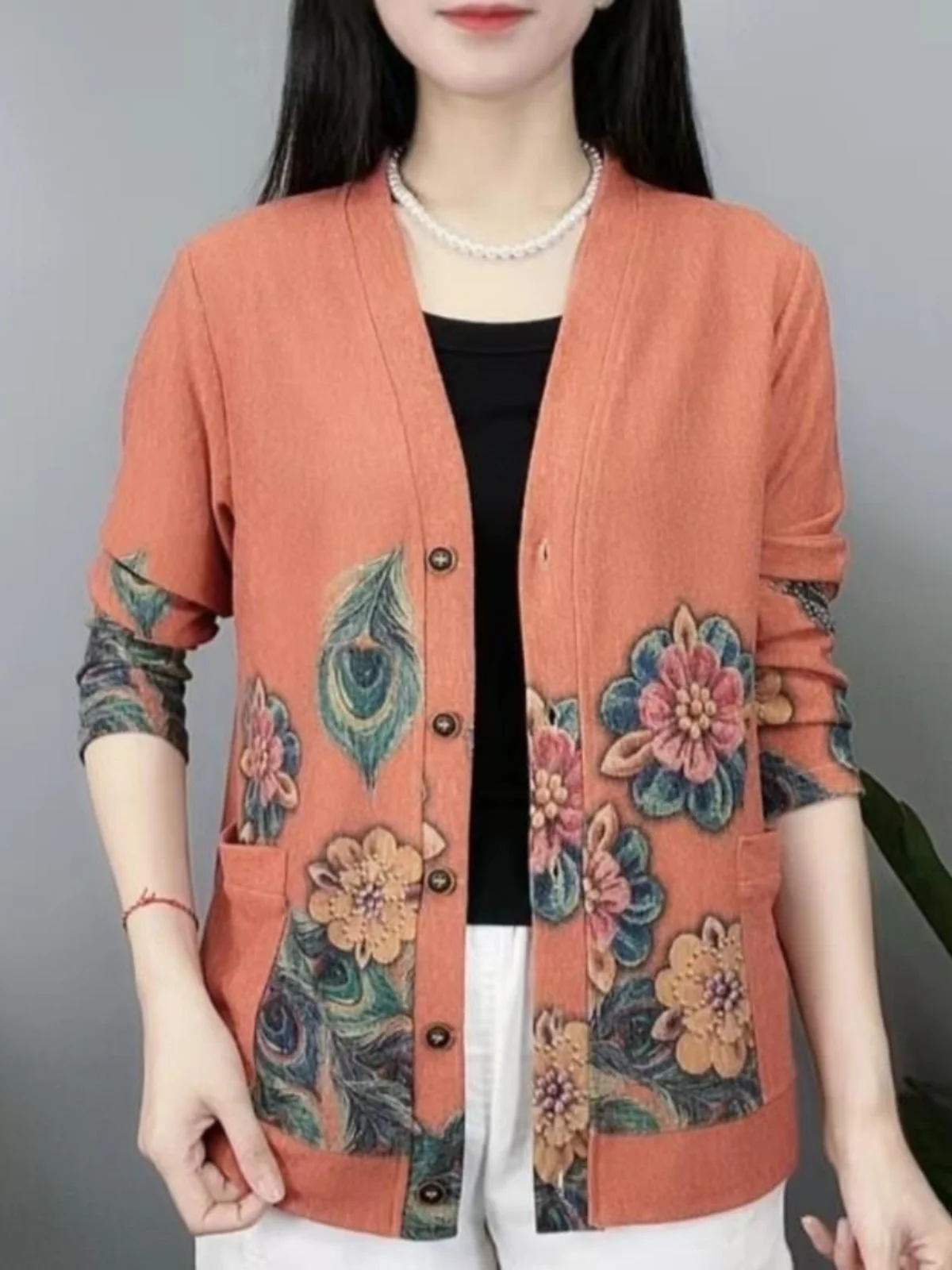 Осеннее платье для женщин среднего возраста кардиган с принтом в западном стиле