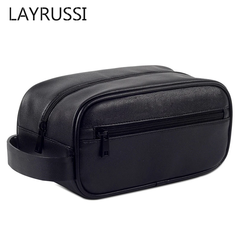 

LAYRUSSI PU Leather Cosmetic Bag Black Men Travel Business Portable Toiletry Bag Large Bathroom Toiletries Organizer Makeup Bag
