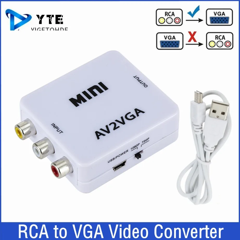 Мини-видеоконвертер YIGETOHDE HD 1080P RCA AV в VGA, видеопреобразователь с 3,5 мм аудио AV2VGA / CVBS + аудио в ПК HDTV