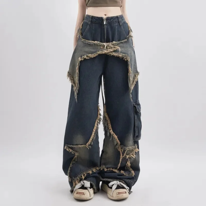 

Женские синие джинсы контрастных цветов с высокой талией, широкие брюки в американском уличном стиле, Модные Винтажные прямые осенние брюки в стиле хип-хоп