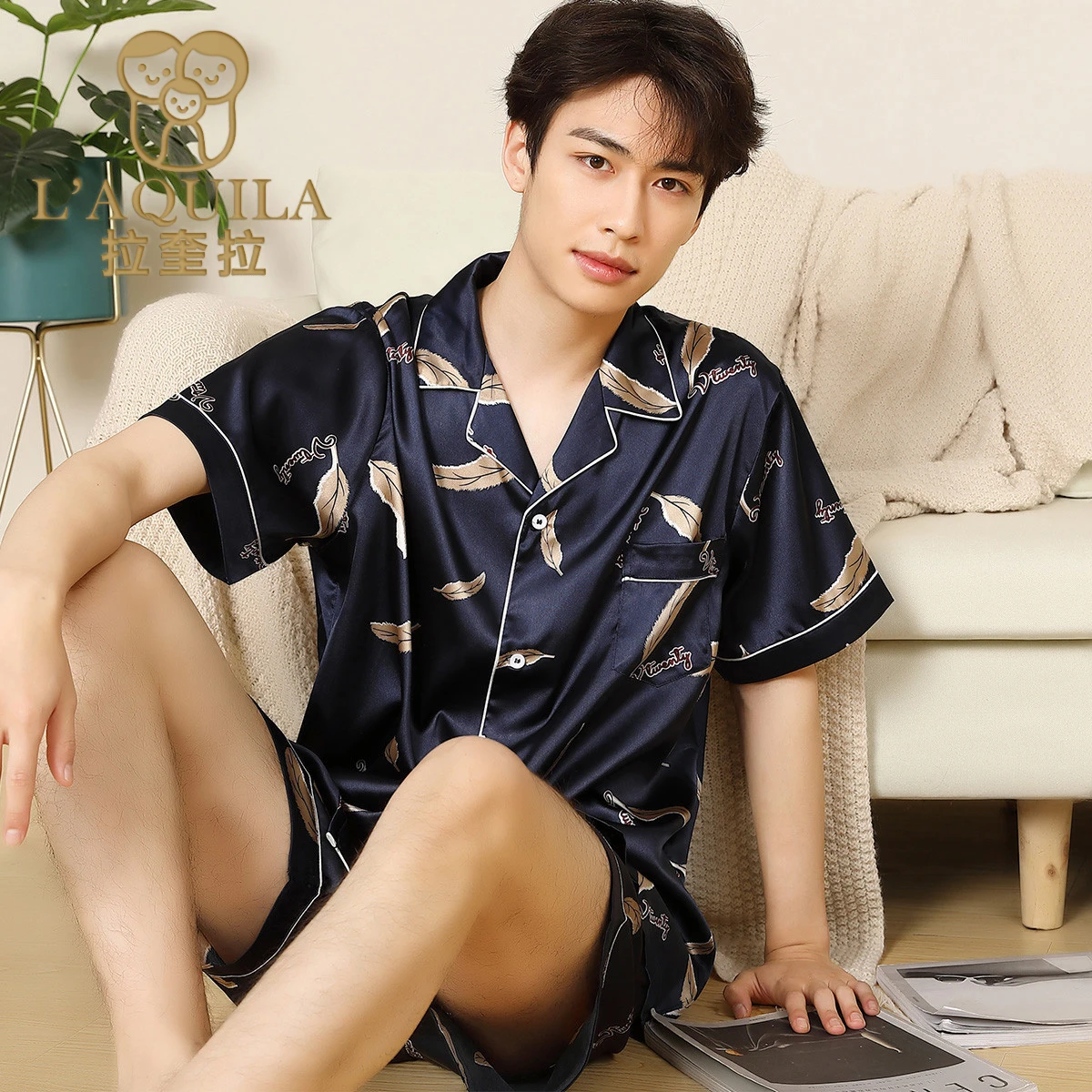 L’AQUILA  Spring And Summer Newest Men's Pajamas Feather Print Pattern Loungewear Short-sleeved Suit Casual Home Set Men Top