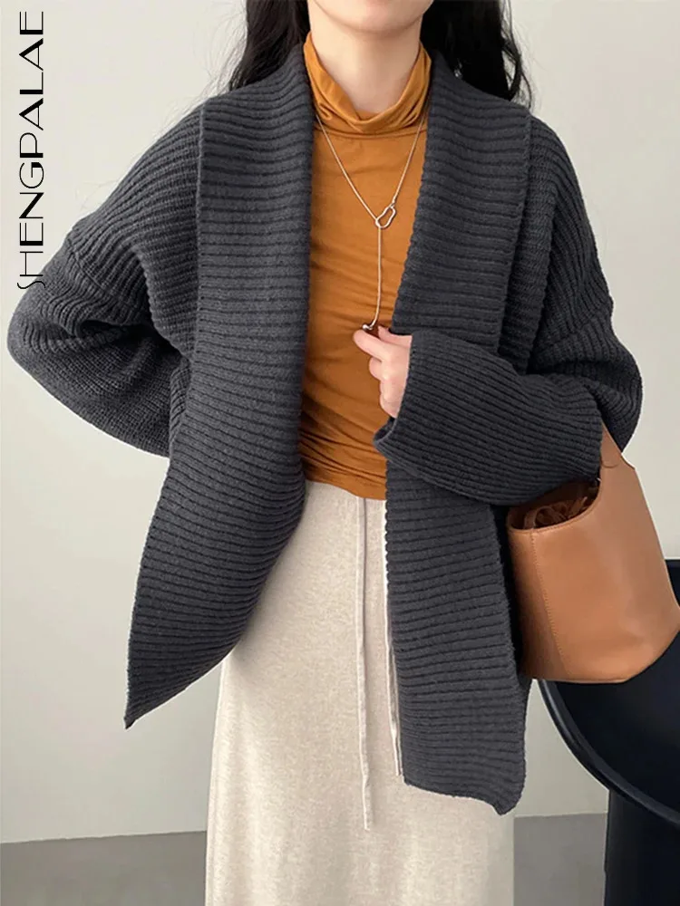 

SHENGPALAE однотонный Универсальный вязаный кардиган для женщин, осень 2023, новый свободный свитер с воротником-шалью и длинным рукавом, пальто 5R7873