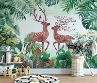 custom wallpaper mural nordic green plants couple fire elk children childrens room bedroom background wall papel de parede