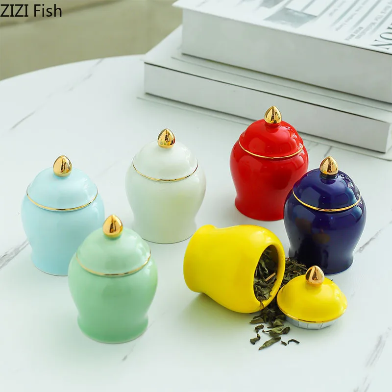 Gold Plated Tea Canister Sealed Ceramic General Jar Storage Jar with Lid Porcelain Desk Decoration Tea Cans Candy Pots Tea Caddy