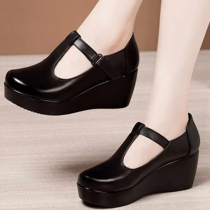 

Plus Size 32-43 T Strap Leather Wedges Shoes for Women 2022 High Heels Shoes Ladies Platform Shoes Mother Dance Shoe