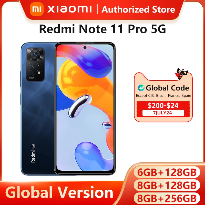 

Global Version Xiaomi Redmi Note 11 Pro 5G 6GB RAM 64GB ROM / 8GB RAM 128GB ROM Mobile Phone 108MP Camera Snapdragon 695 120Hz