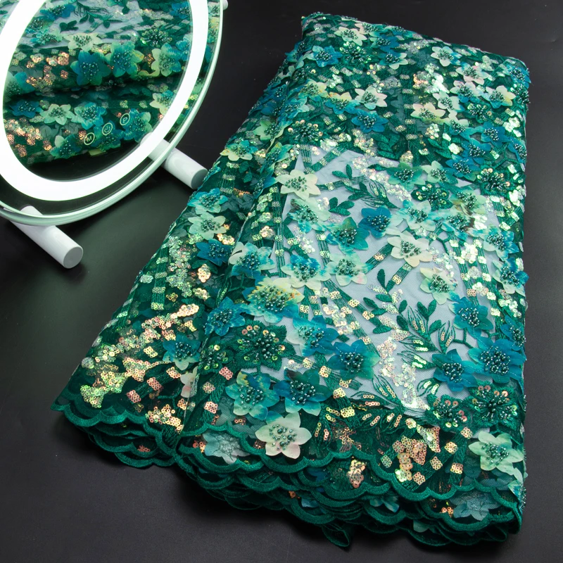 

Green African Tulle Lace Fabric With Sequins French 3D Flowers Lace Fabric Nigerian Mesh Wedding Material For Party Dress A3173